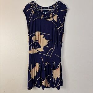 Anthropologie Women Leifnotes Dress Small Blue & Tan Midi Short Sleeve